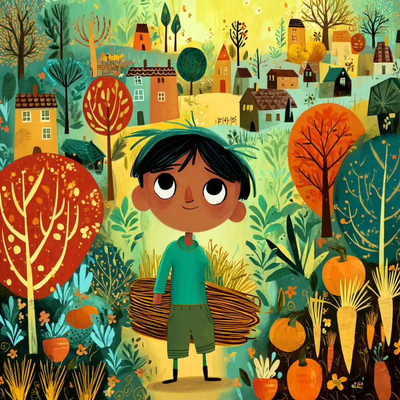 Lito carries firewood through the forest in Maria Makiling, a story about kindness