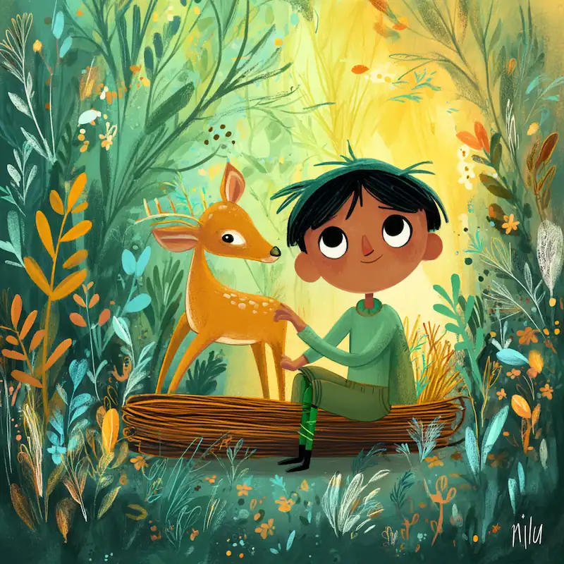 Lito gently helps a wounded deer in the forest in Maria Makiling