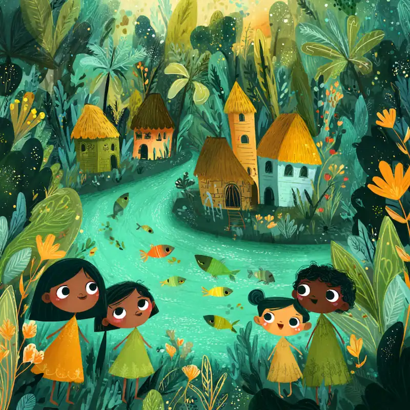 Children stand near a river and forest village watched over by Maria Makiling