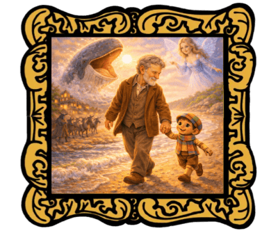 Geppetto and Pinocchio walking on a beach with a giant whale, a Blue Fairy, and donkeys in the background - Pinocchio