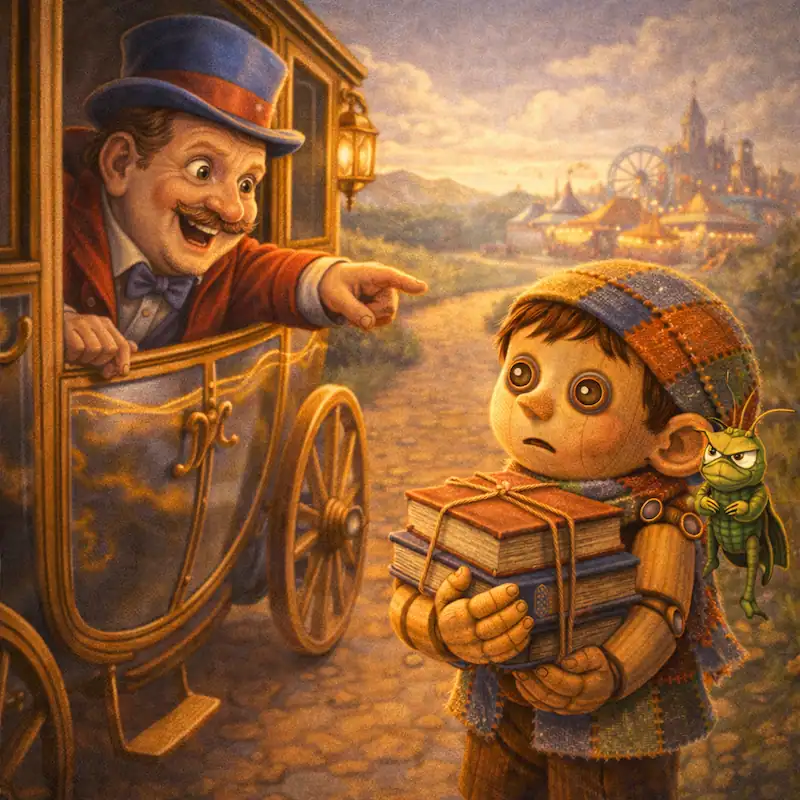 The coachman tempts Pinocchio away from school with promises of fun