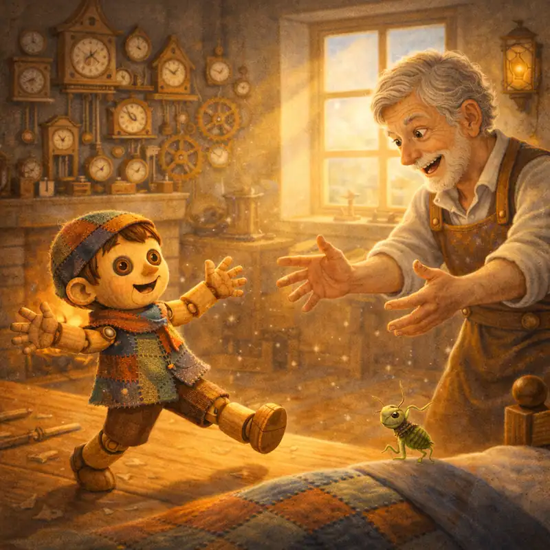 Pinocchio takes his first steps as Geppetto reaches out