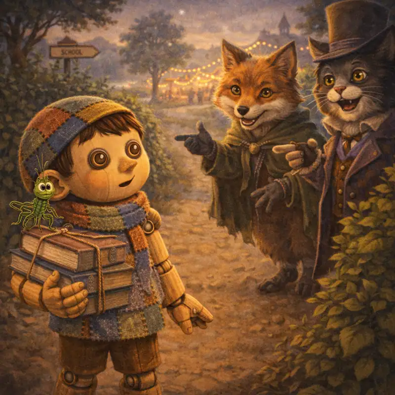 Fox and cat trick Pinocchio on the road to school