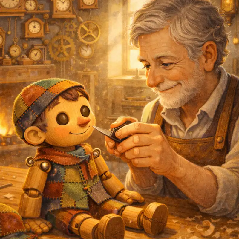 Geppetto carefully carves Pinocchio in his clockmaker workshop