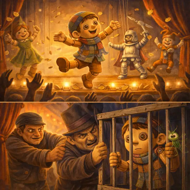 Pinocchio dances on stage at the fair while the crowd cheers