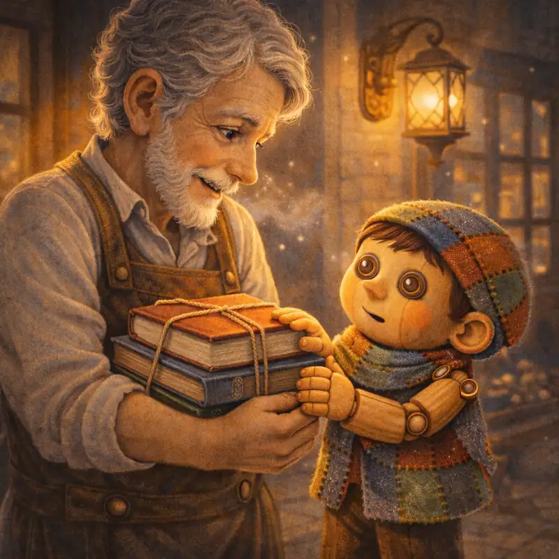 Geppetto gives Pinocchio schoolbooks bought with sacrifice