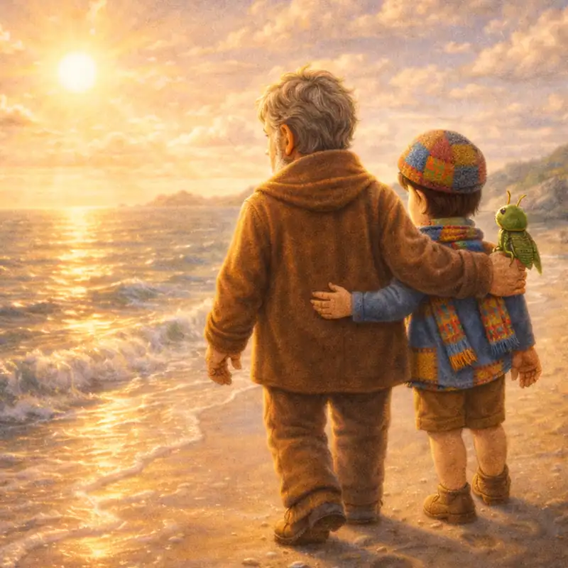 Geppetto and Pinocchio walk together by the sea