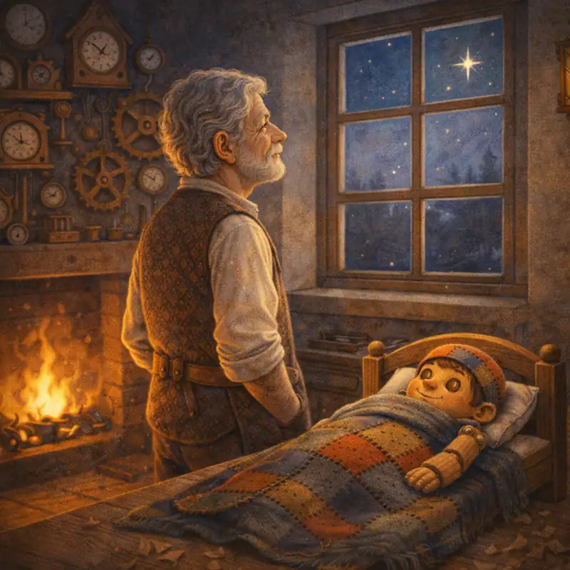 Geppetto looks at a bright star while Pinocchio sleeps