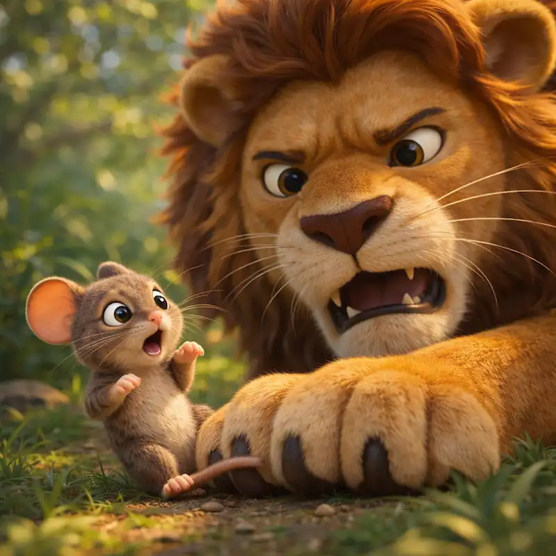 Lion pinning the mouse with his paw in The Lion and the Mouse