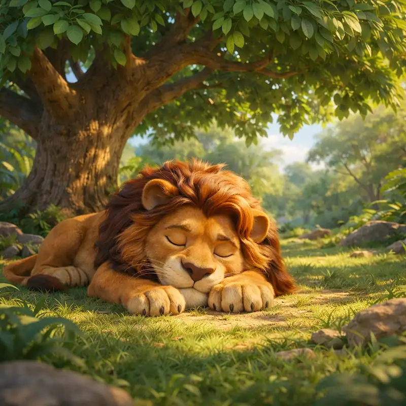 Lion sleeping peacefully under a tree in The Lion and the Mouse story
