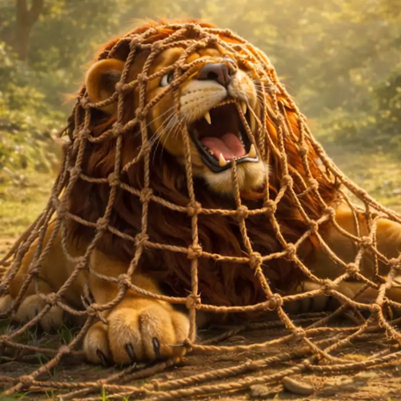 Lion roaring in pain after being trapped in a hunter’s net in The Lion and the Mouse