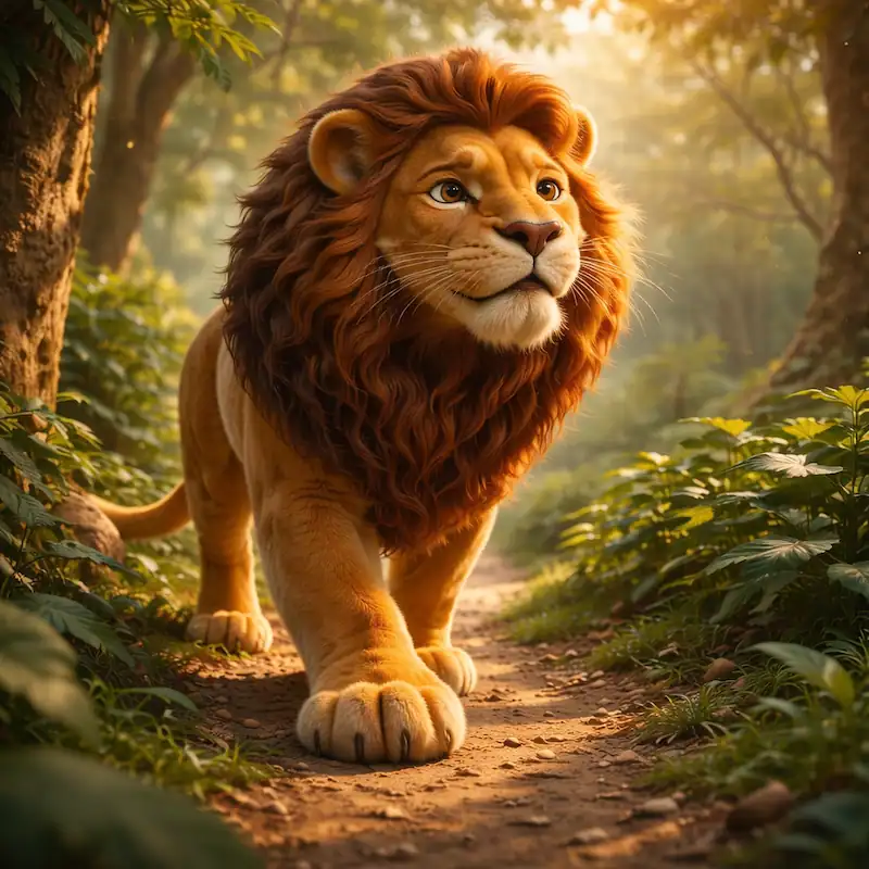 Lion walking alone through the jungle in The Lion and the Mouse