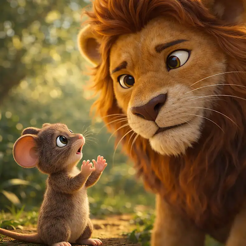 Mouse pleading with the lion in The Lion and the Mouse story