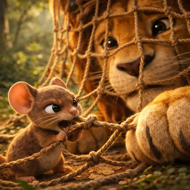 Mouse chewing through the net to save the lion in The Lion and the Mouse