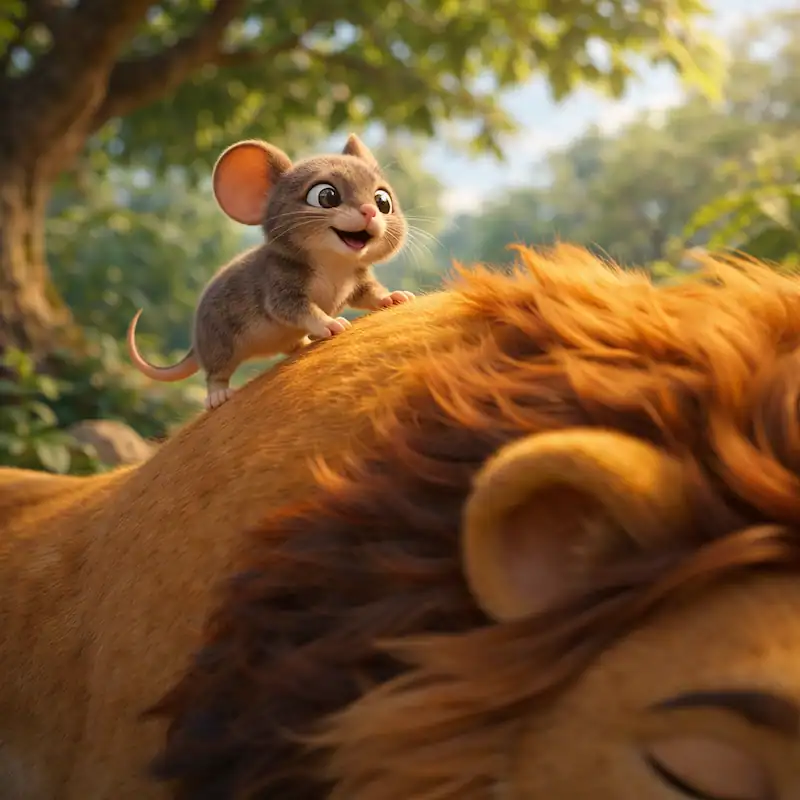 Mouse standing on the lion’s back in The Lion and the Mouse story