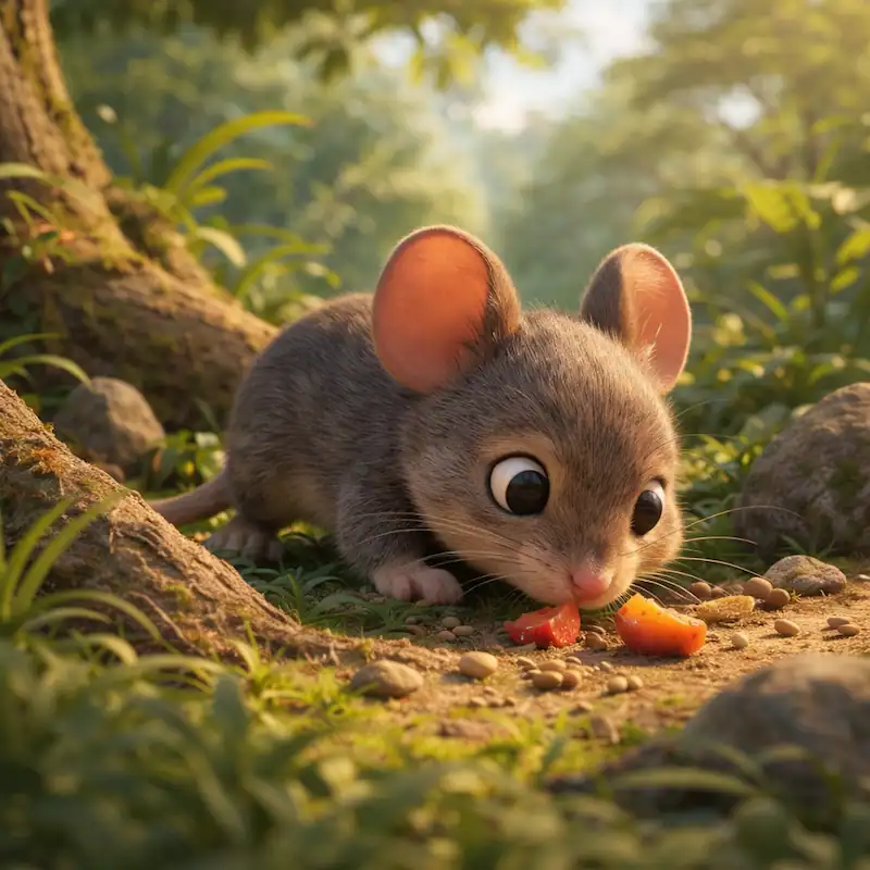 Little mouse searching for food in the forest in The Lion and the Mouse