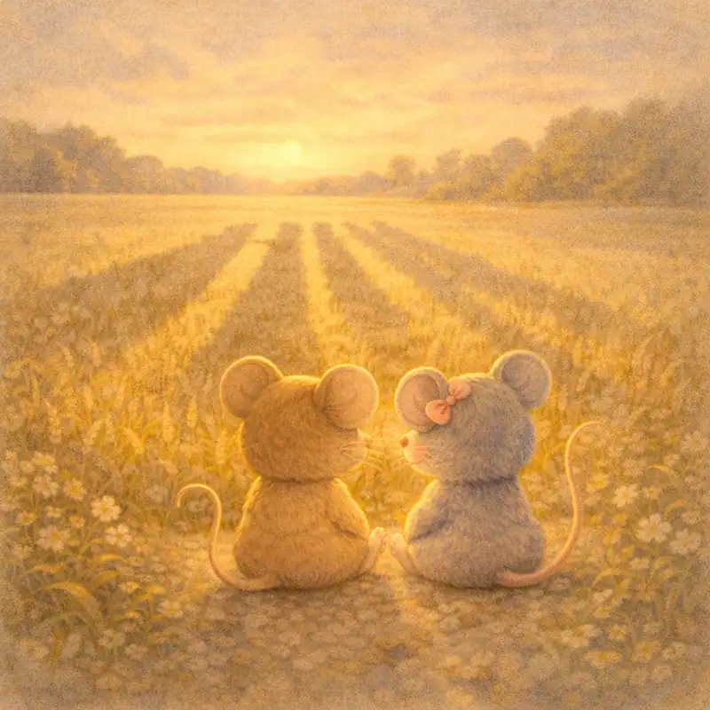 The Town Mouse and the Country Mouse sit together watching the sunset in the fields