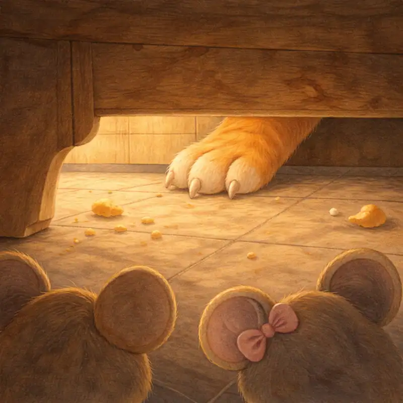 The Town Mouse and the Country Mouse find rich leftovers in a town dining room