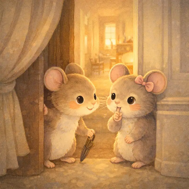 The mice hide as a cat approaches in The Town Mouse and the Country Mouse