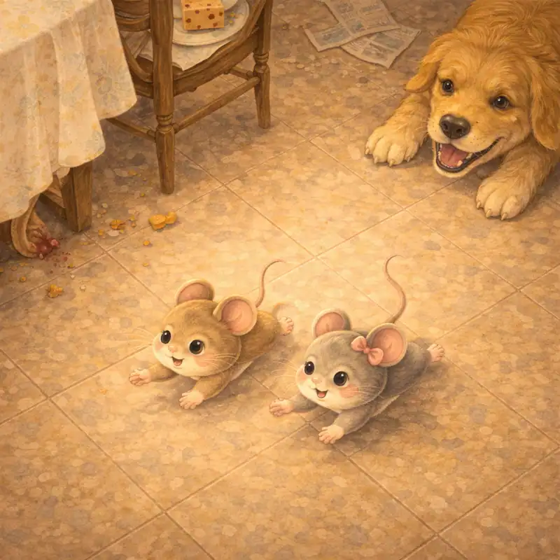 The house dog rushes towards the mice in The Town Mouse and the Country Mouse