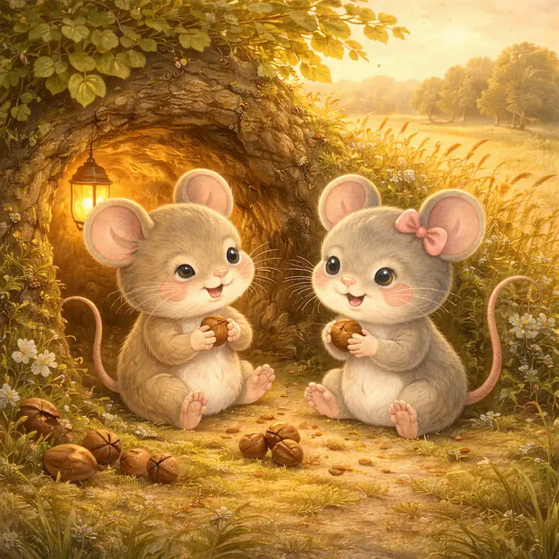 The Town Mouse and the Country Mouse eat acorns safely by the hedgerow