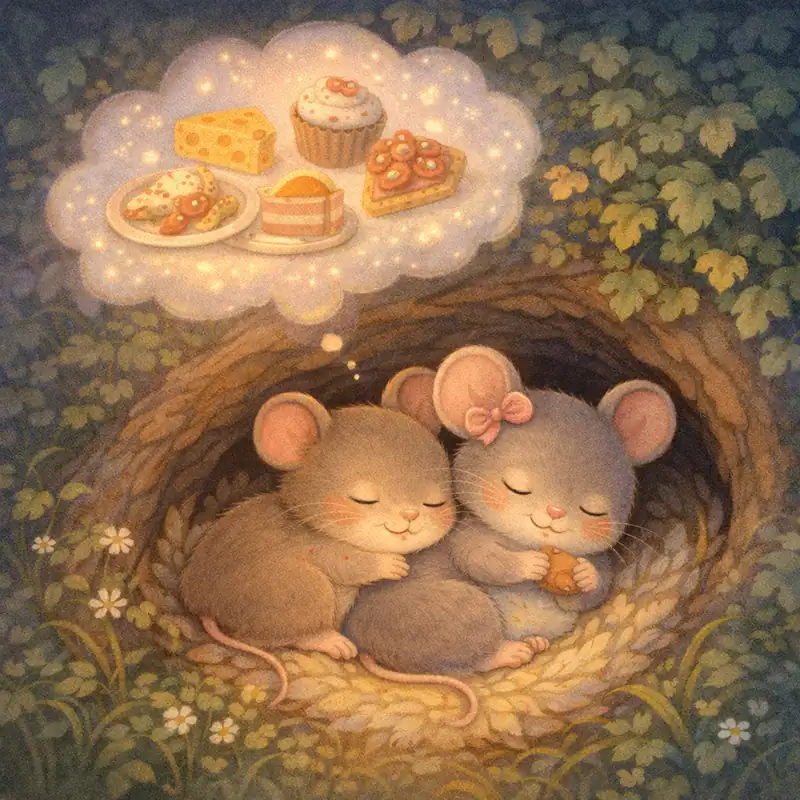 The Town Mouse and the Country Mouse sleep peacefully in a hedgerow nest