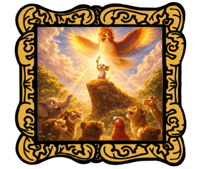 Audio Story in a gold frame: A small mouse and a phoenix in a legendary Filipino tale about the sky - Why the Sky is High