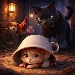 La Ratita Presumida hiding under a tea cup with a black cat behind her