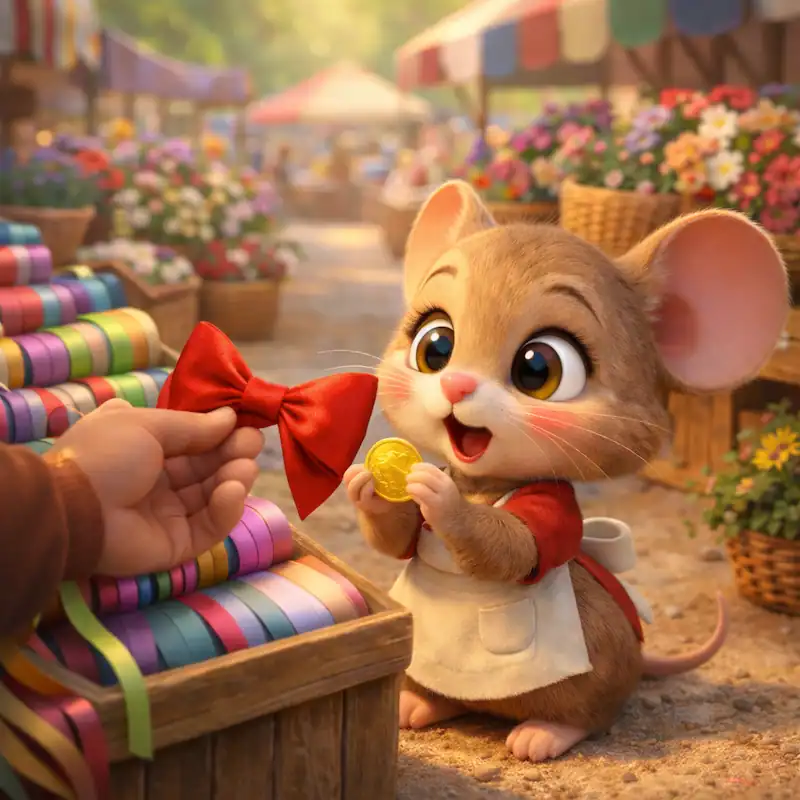 Ratita the mouse buys a red bow with her coin at a colourful ribbon stall in La Ratita Presumida