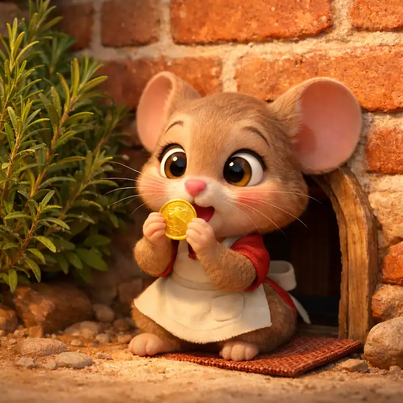 Ratita the mouse finds a gold coin outside her tiny home in La Ratita Presumida