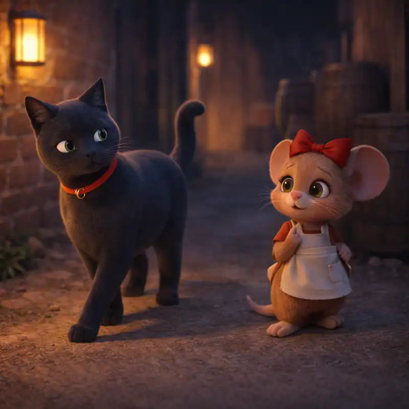 Ratita walks beside the black cat through a dark alley in La Ratita Presumida