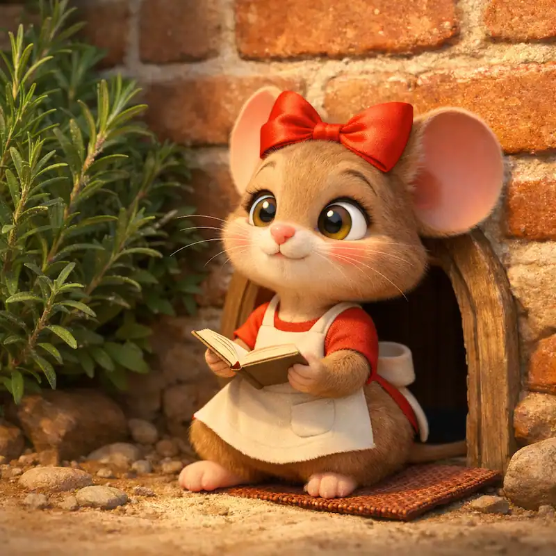 Ratita the mouse sits reading at her doorway wearing her red bow in La Ratita Presumida