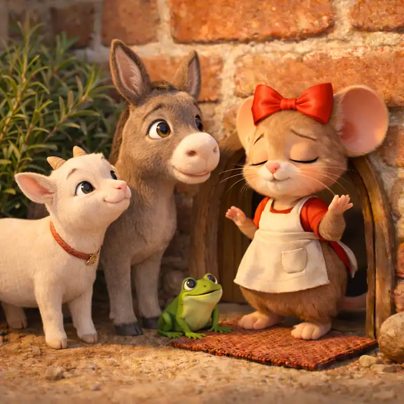  Ratita stands with a donkey, goat and frog outside her home in La Ratita Presumida