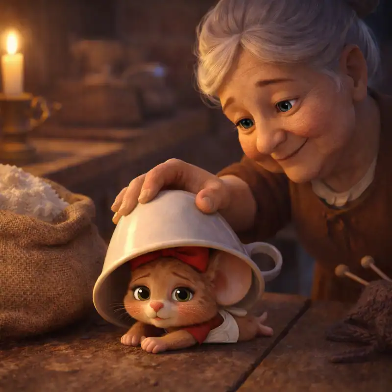 An elderly baker places a teacup over Ratita to keep her safe in La Ratita Presumida