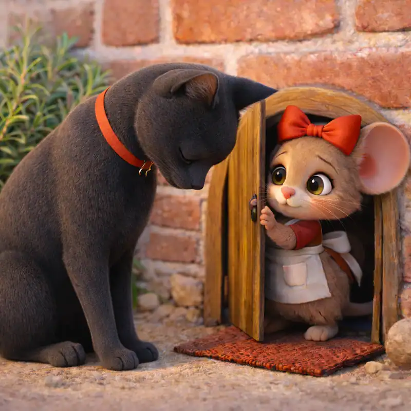 A black cat speaks softly to Ratita at her doorway in La Ratita Presumida