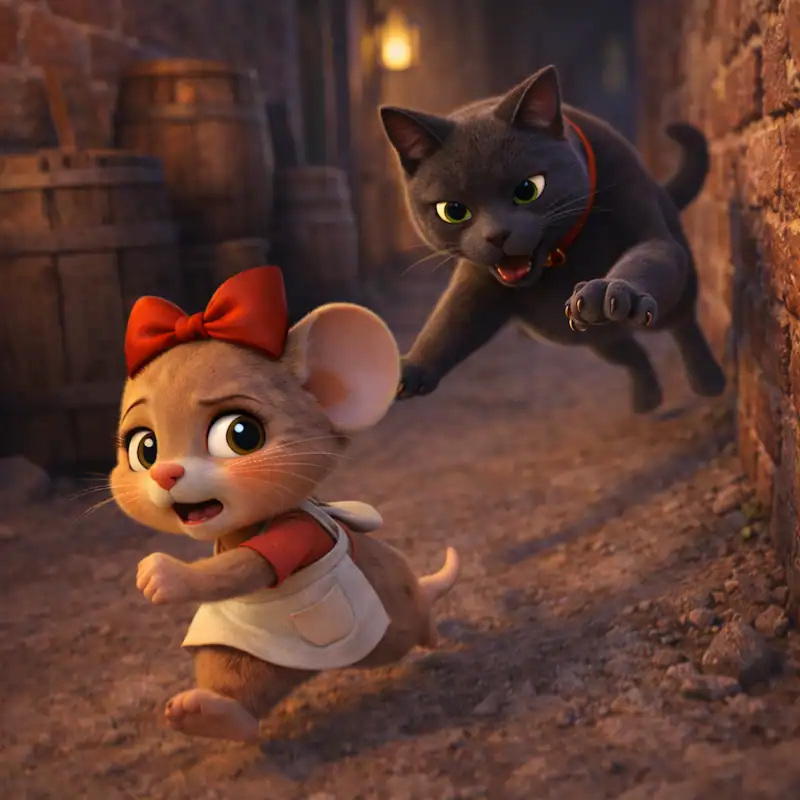 Ratita runs as the cat leaps after her in a narrow alley in La Ratita Presumida