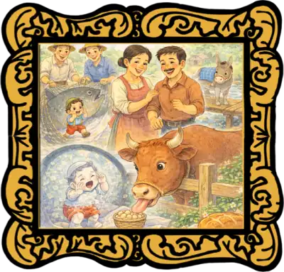 Audio Story in a gold frame: The adventures of the tiny Garbancito featuring a cow, a giant fish, and his loving family - Traditional Spanish Folktale