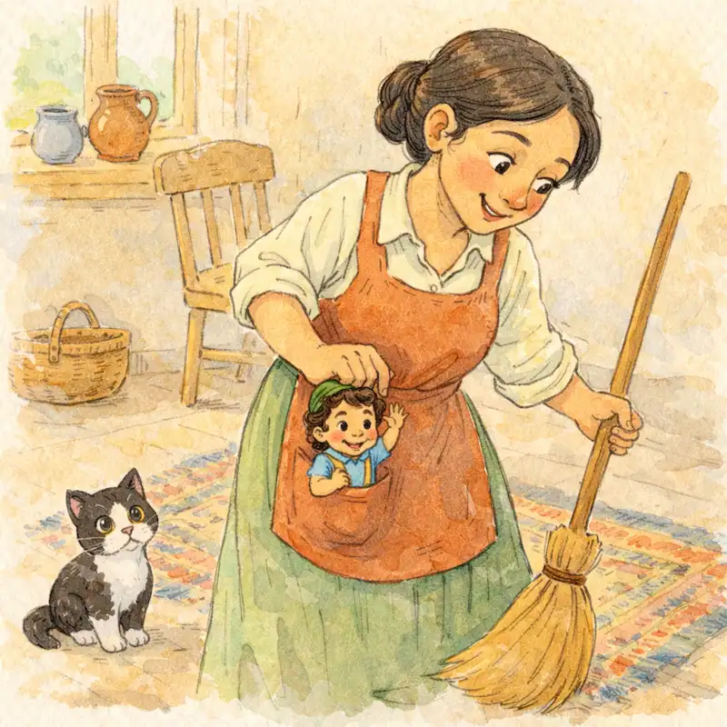 Garbancito peeks from his mother’s apron pocket while she sweeps the floor