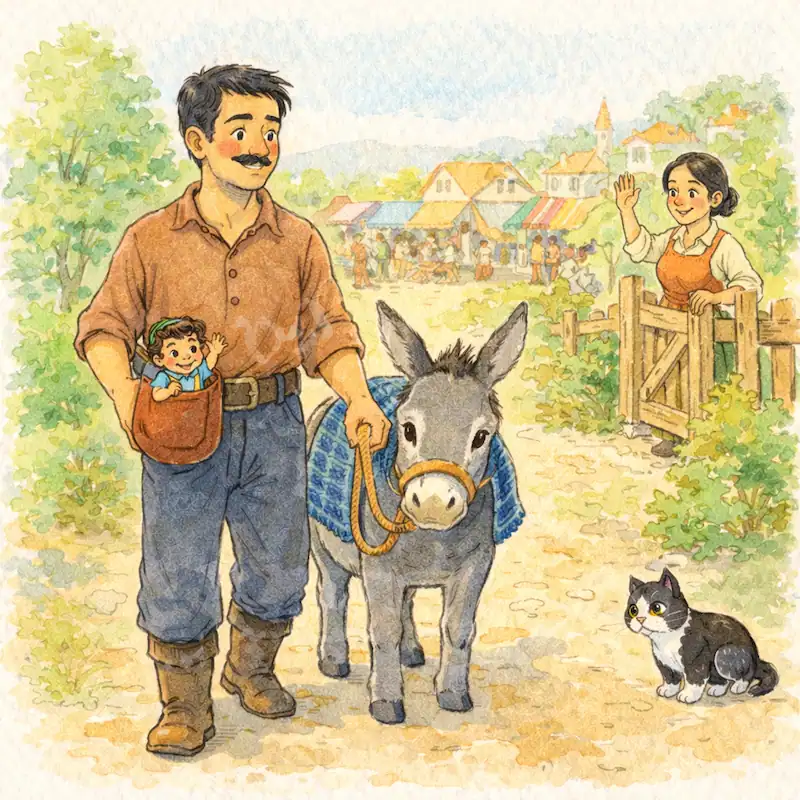 Garbancito rides in his father’s pouch on a grey donkey at the busy market