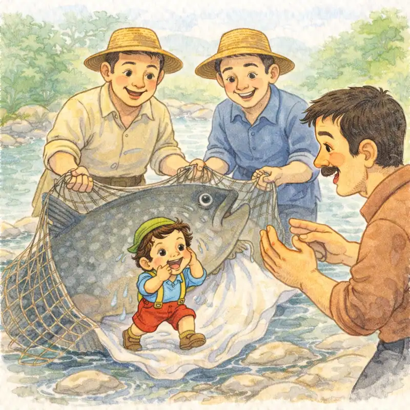 Fishermen lift a giant fish in a net as Garbancito emerges safely by the river