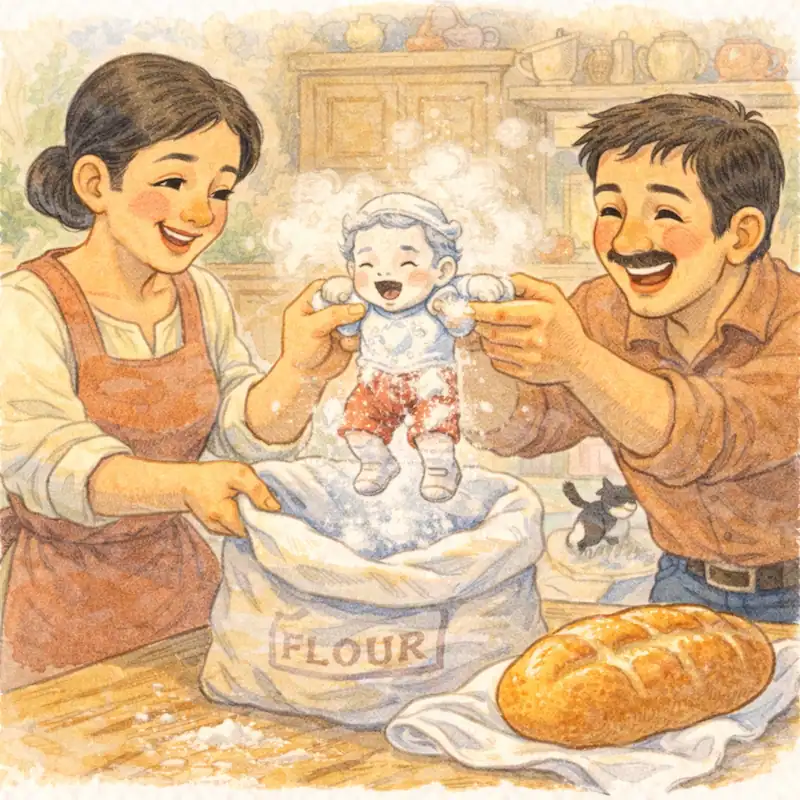 Garbancito covered in flour as his parents lift him from an open flour sack