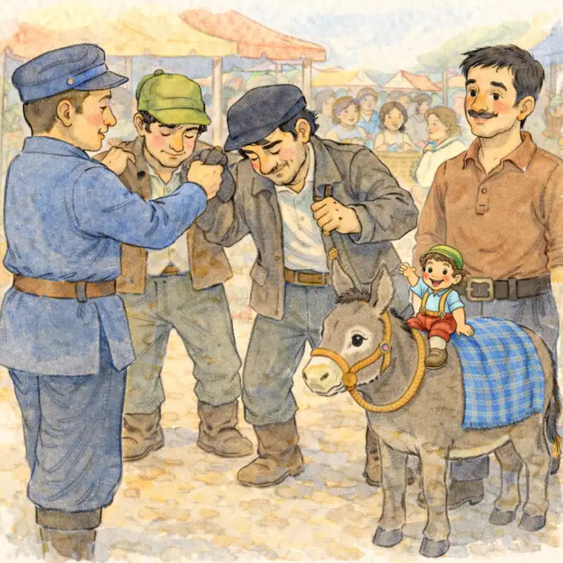 A market guard grabs the thieves while Garbancito sits proudly on the donkey