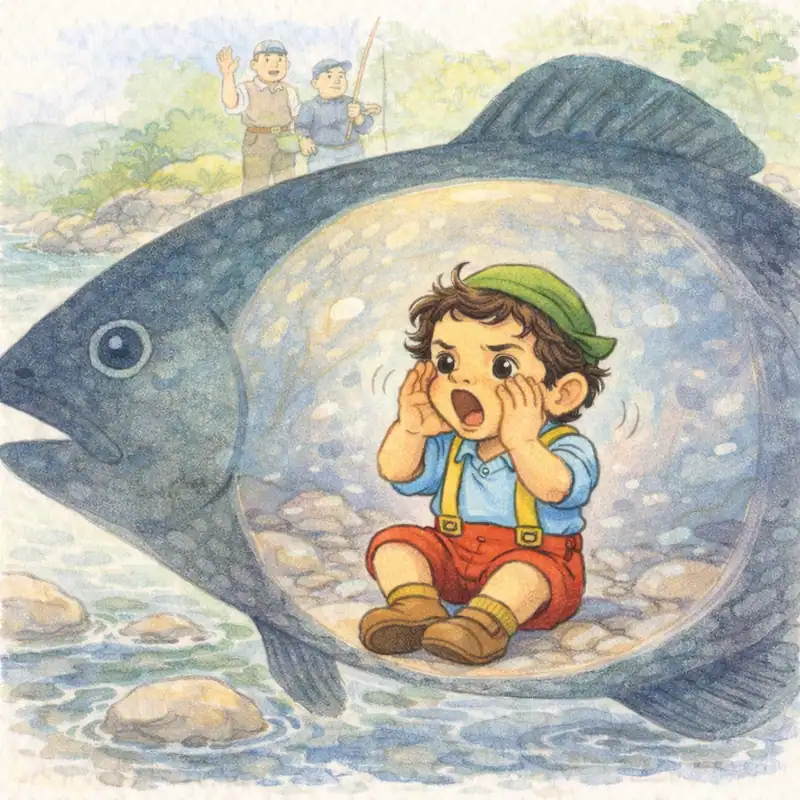 Garbancito sits inside a giant fish after being swallowed in the river