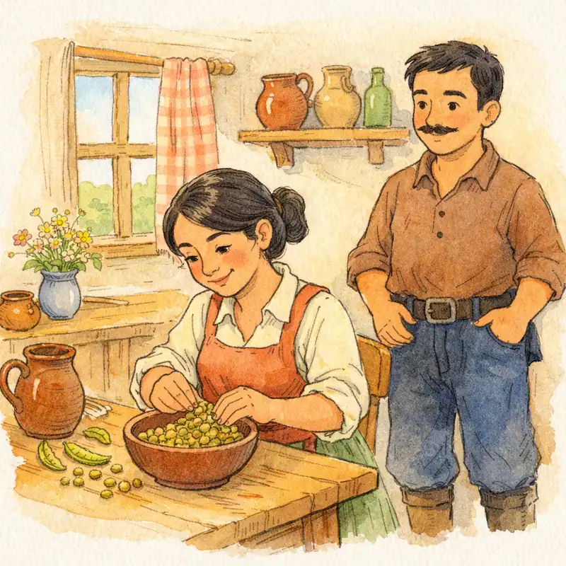 Garbancito’s mother shells chickpeas while his father watches in their kitchen