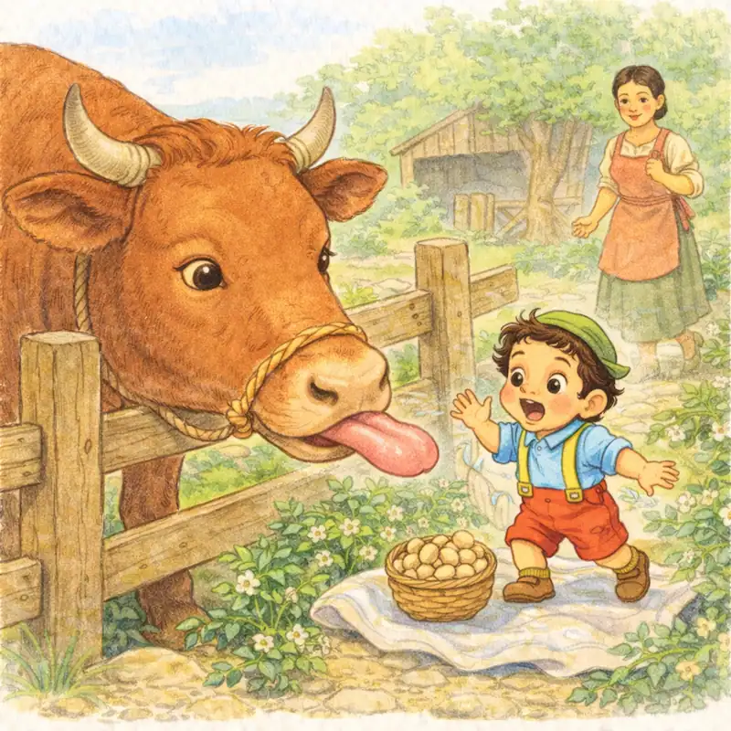 An ox leans over a fence and swallows Garbancito while his mother runs toward him