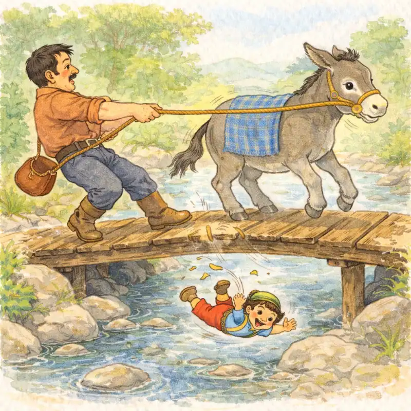 Garbancito falls from the pouch into the river as his father pulls the donkey across a wooden bridge Garbancito falls from the pouch into the river as his father pulls the donkey across a wooden bridge