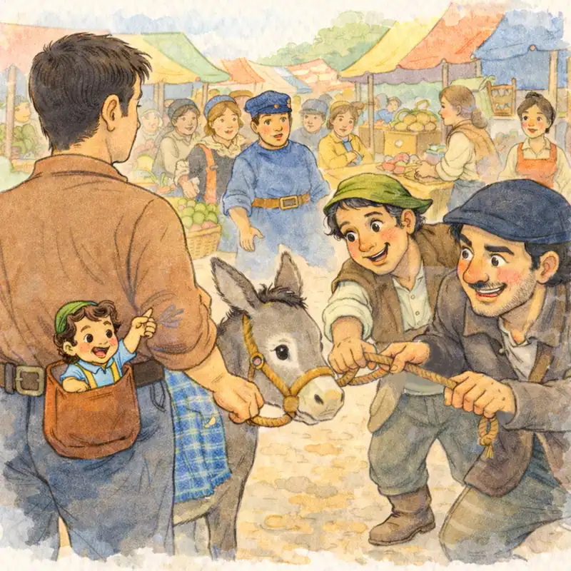 Garbancito shouts from a pouch as thieves try to steal the donkey