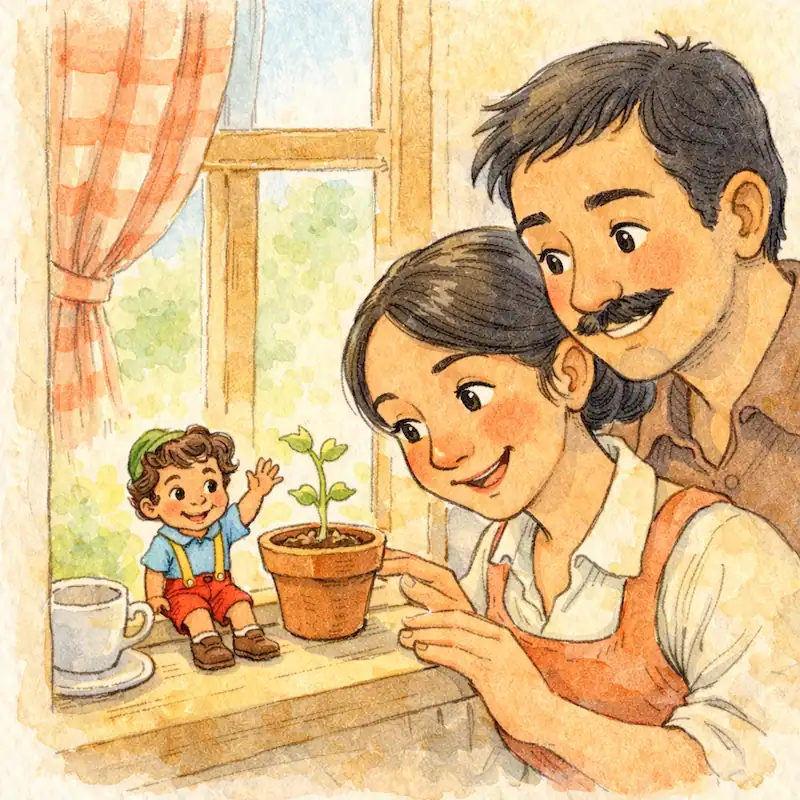 Tiny Garbancito sits by a chickpea sprout on the windowsill as his parents smile