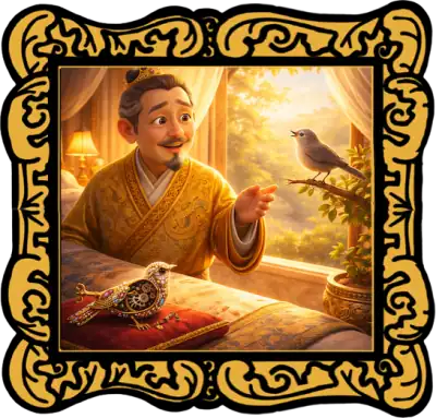 The emperor sits beside the real nightingale and mechanical bird on the cover of The Emperor and the Nightingale audio story: