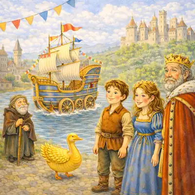 A golden goose on a path with a boy, a girl in a blue dress, and a King - The Golden Goose by the Brothers Grimm